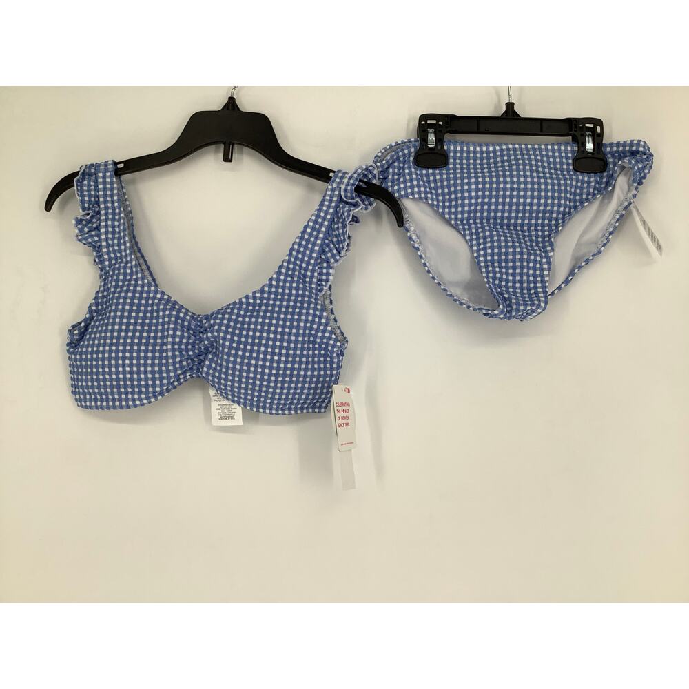 Roxy Girls' 12 Blue White Check Me Out Bikini Set Swimwear Beach Resort M35-28 - Picture 2 of 7